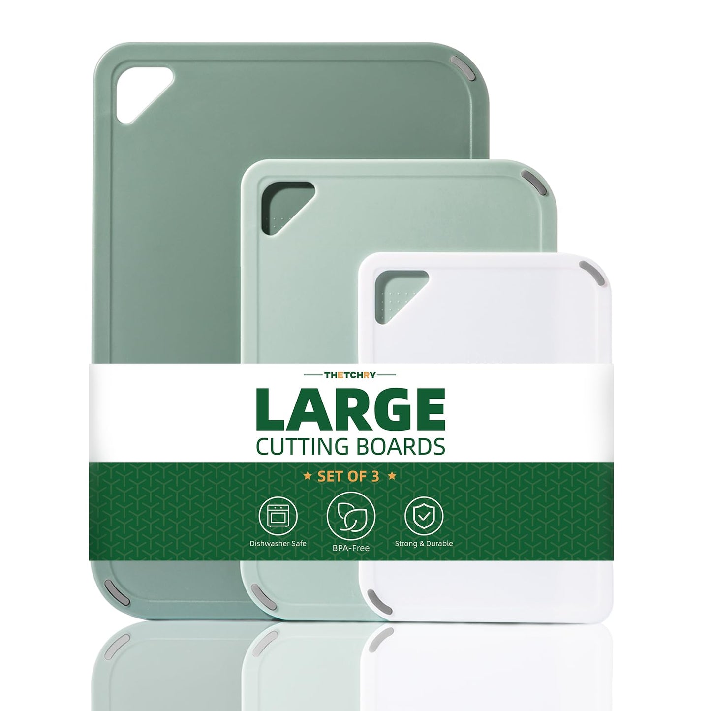 THETCHRY Plastic Cutting Board Set of 3-Cutting Boards for Kitchen BPA Free, Large-Small Chopping Boards Non-Slip for Cooking Camping Dishwasher Safe, Reversible, with Grip Handle, 15"×10"×0.25" Green