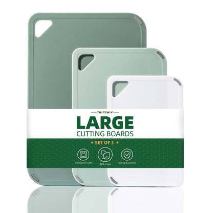 THETCHRY Plastic Cutting Board Set of 3-Cutting Boards for Kitchen BPA Free, Large-Small Chopping Boards Non-Slip for Cooking Camping Dishwasher Safe, Reversible, with Grip Handle, 15"×10"×0.25" Green
