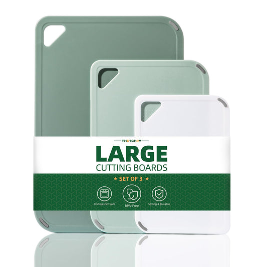 THETCHRY Plastic Cutting Board Set of 3-Cutting Boards for Kitchen BPA Free, Large-Small Chopping Boards Non-Slip for Cooking Camping Dishwasher Safe, Reversible, with Grip Handle, 15"×10"×0.25" Green