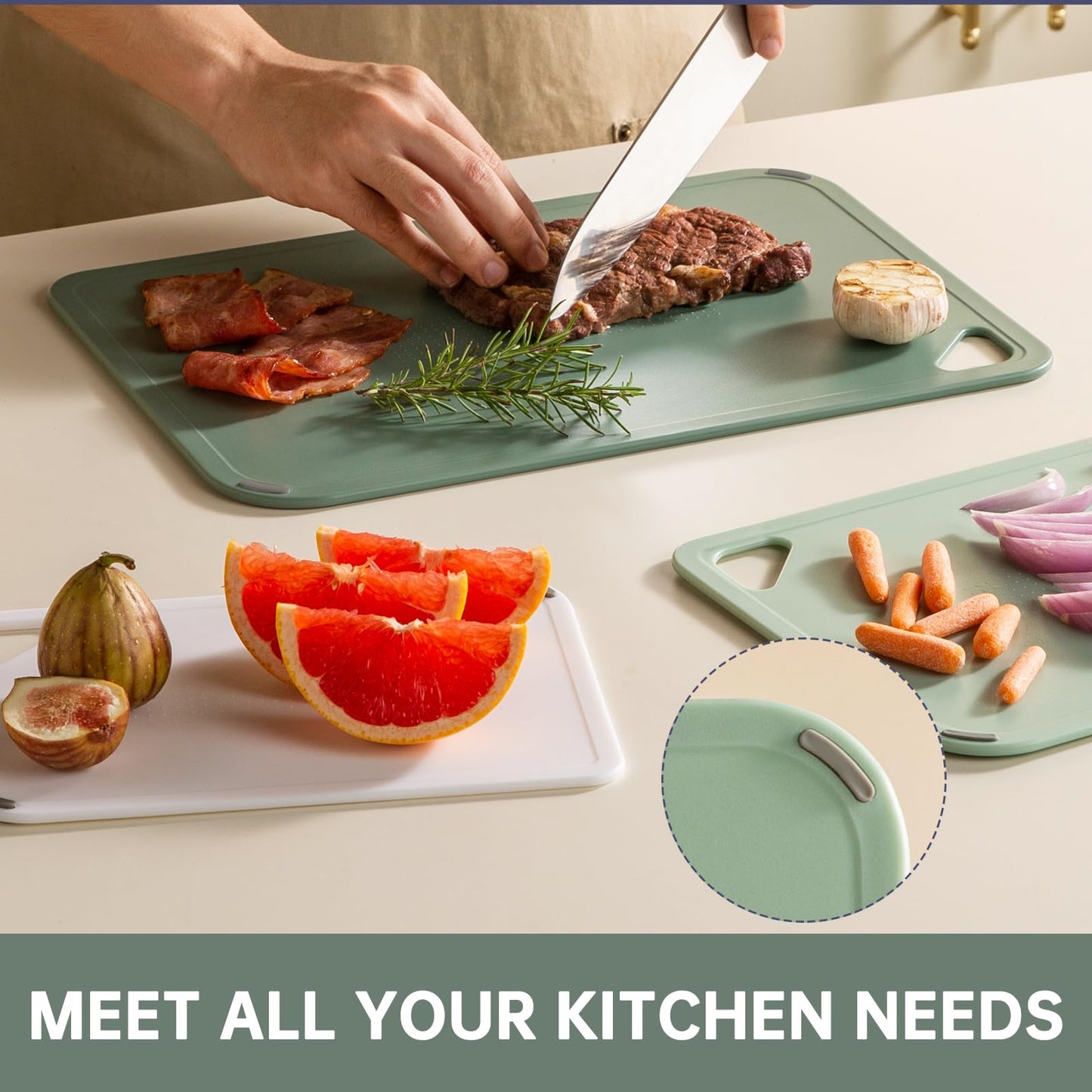 THETCHRY Plastic Cutting Board Set of 3-Cutting Boards for Kitchen BPA Free, Large-Small Chopping Boards Non-Slip for Cooking Camping Dishwasher Safe, Reversible, with Grip Handle, 15"×10"×0.25" Green