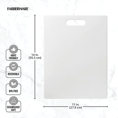 FARBERWARE Large Cutting Board, Dishwasher- Safe Plastic Chopping Board for Kitchen with Easy Grip Handle, 11in by 14in, White