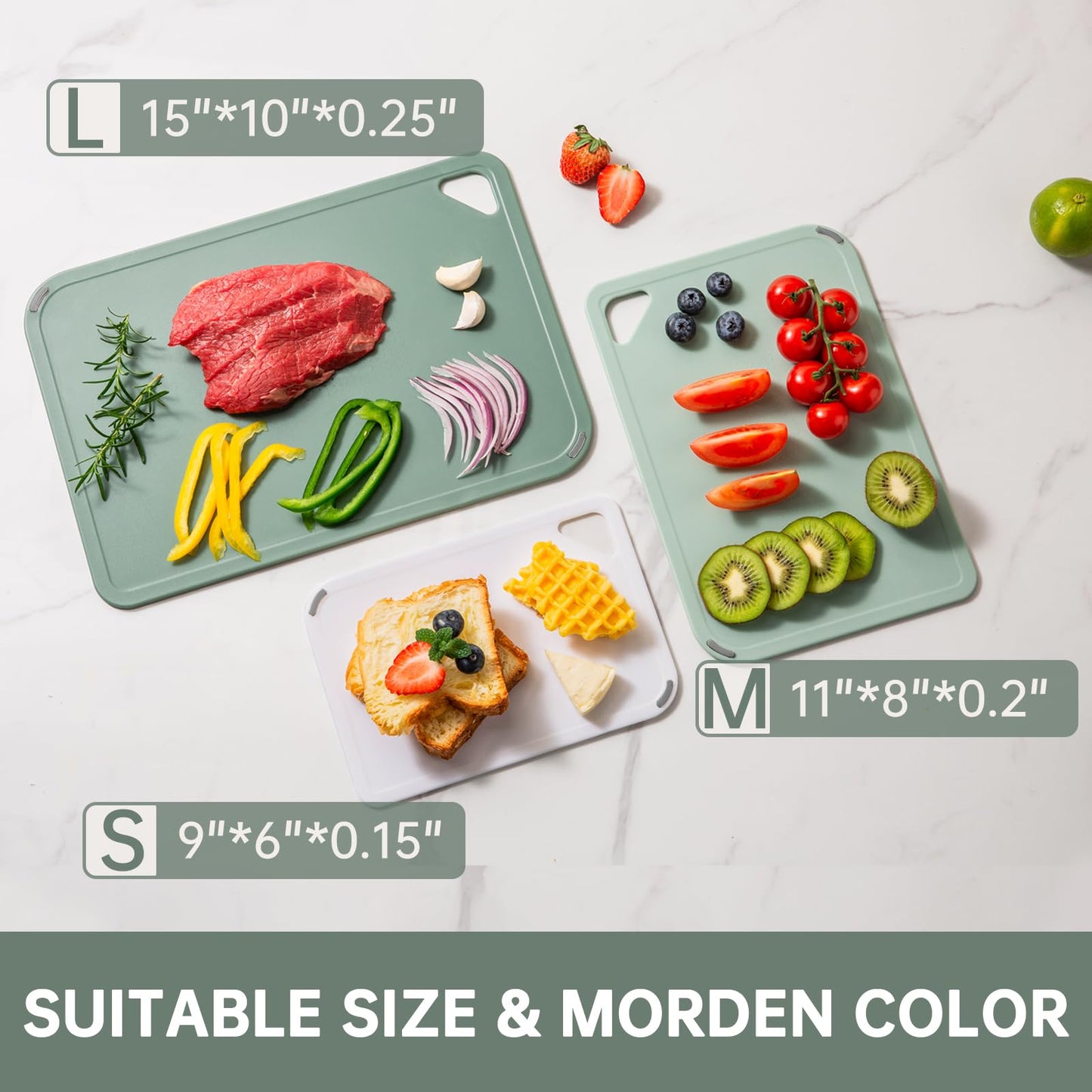 THETCHRY Plastic Cutting Board Set of 3-Cutting Boards for Kitchen BPA Free, Large-Small Chopping Boards Non-Slip for Cooking Camping Dishwasher Safe, Reversible, with Grip Handle, 15"×10"×0.25" Green