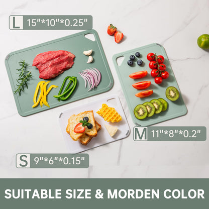 THETCHRY Plastic Cutting Board Set of 3-Cutting Boards for Kitchen BPA Free, Large-Small Chopping Boards Non-Slip for Cooking Camping Dishwasher Safe, Reversible, with Grip Handle, 15"×10"×0.25" Green