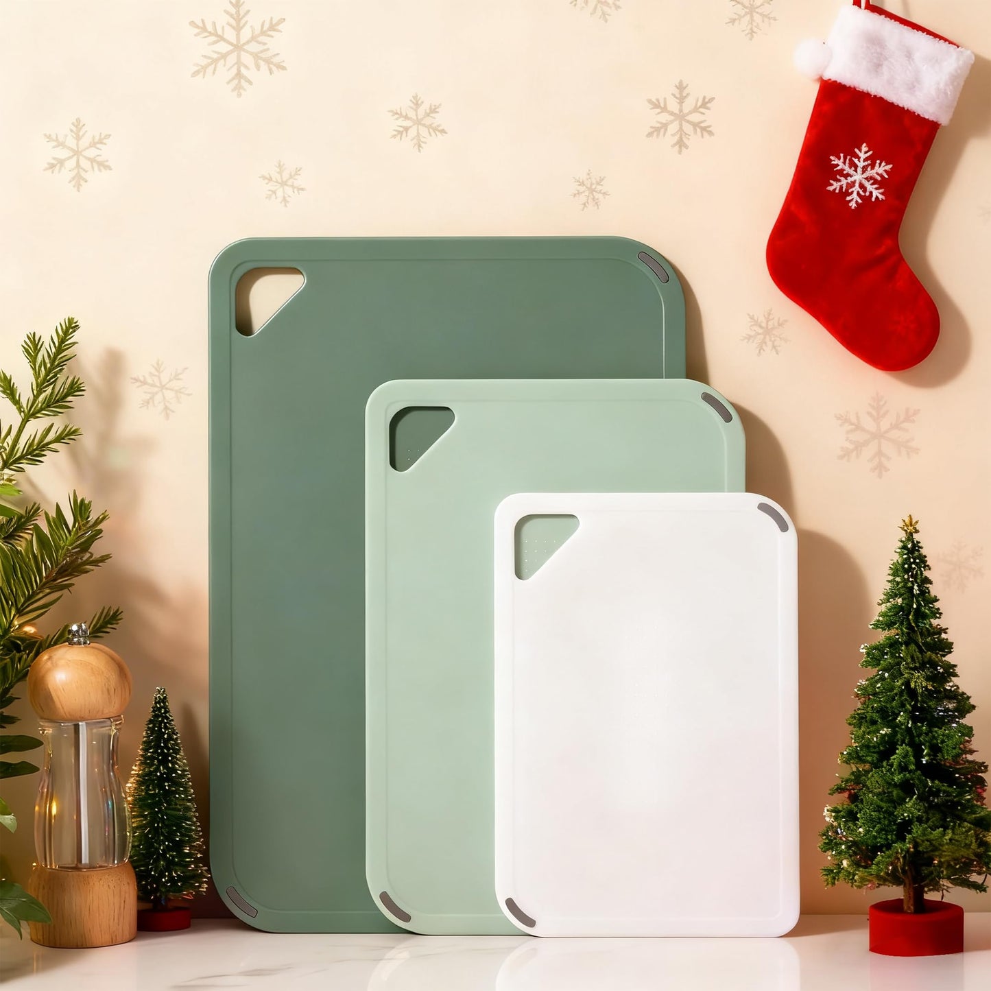 THETCHRY Plastic Cutting Board Set of 3-Cutting Boards for Kitchen BPA Free, Large-Small Chopping Boards Non-Slip for Cooking Camping Dishwasher Safe, Reversible, with Grip Handle, 15"×10"×0.25" Green