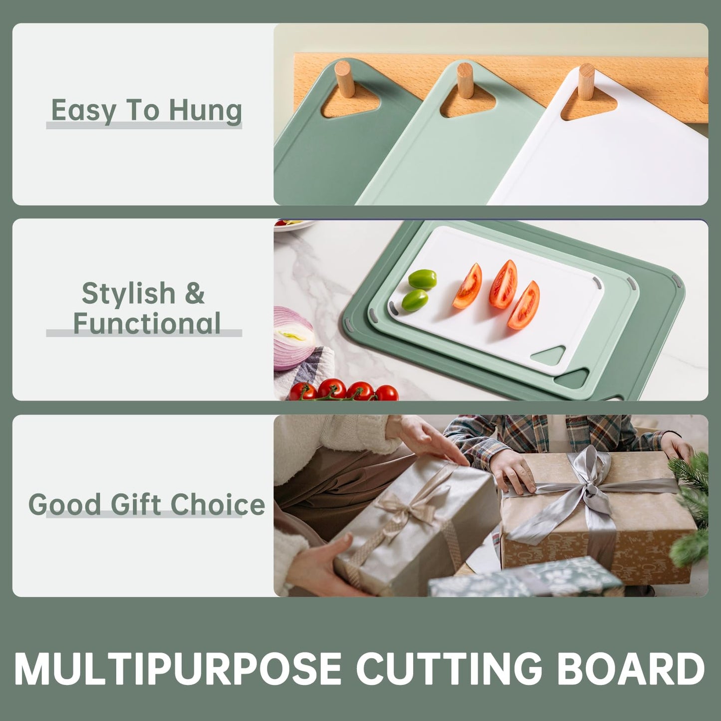 THETCHRY Plastic Cutting Board Set of 3-Cutting Boards for Kitchen BPA Free, Large-Small Chopping Boards Non-Slip for Cooking Camping Dishwasher Safe, Reversible, with Grip Handle, 15"×10"×0.25" Green