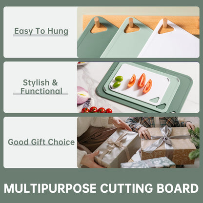 THETCHRY Plastic Cutting Board Set of 3-Cutting Boards for Kitchen BPA Free, Large-Small Chopping Boards Non-Slip for Cooking Camping Dishwasher Safe, Reversible, with Grip Handle, 15"×10"×0.25" Green