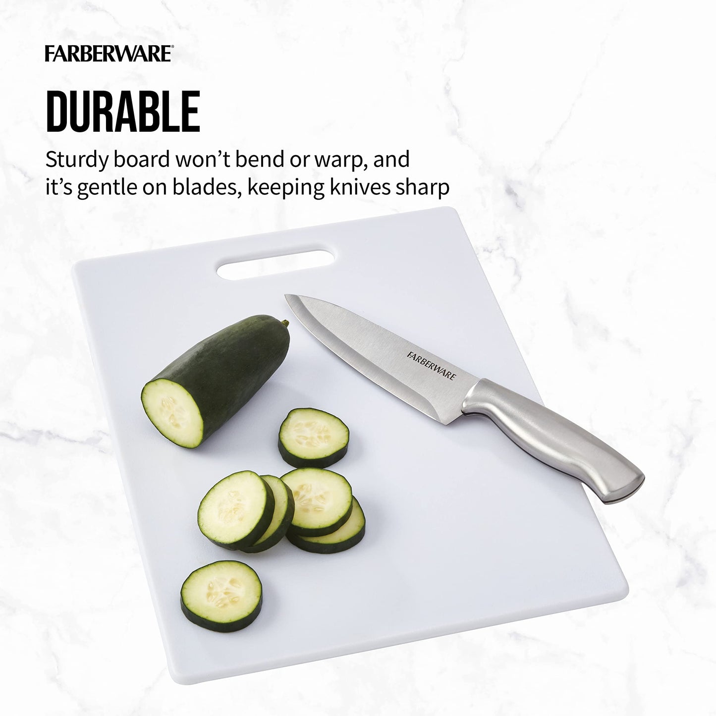 FARBERWARE Large Cutting Board, Dishwasher- Safe Plastic Chopping Board for Kitchen with Easy Grip Handle, 11in by 14in, White