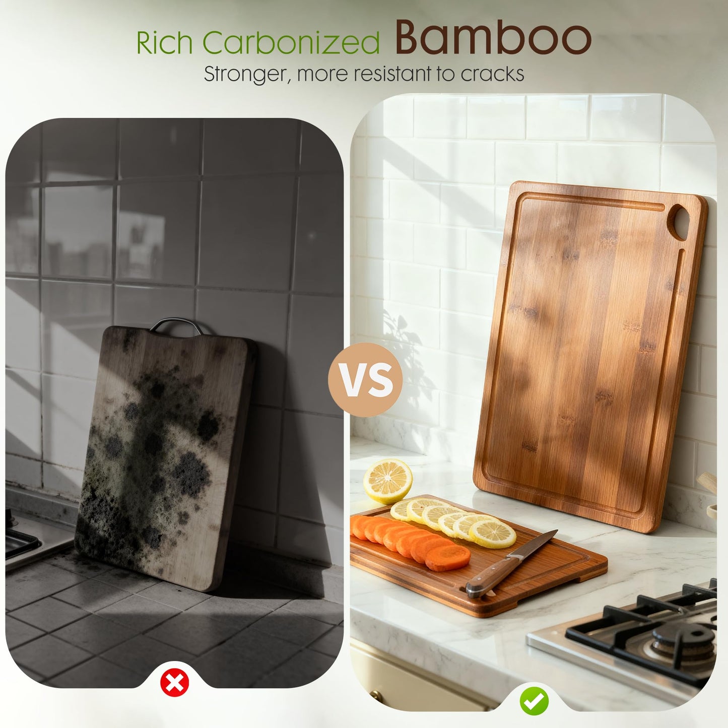 Astercook Deep-Carbonized Bamboo Cutting Boards for Kitchen with Wood Storage Stand, Reversible Charcuterie & Chopping Boards with Juice Grooves and Easy-Grip Handles, Mothers Day Gifts