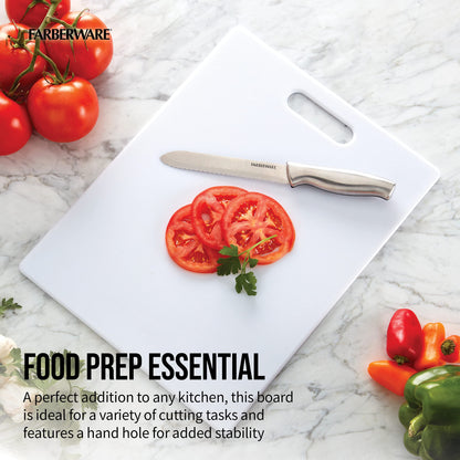 FARBERWARE Large Cutting Board, Dishwasher- Safe Plastic Chopping Board for Kitchen with Easy Grip Handle, 11in by 14in, White