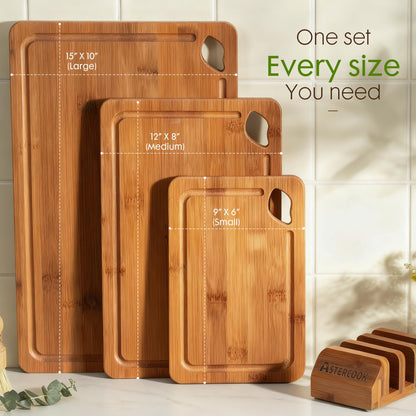 Astercook Deep-Carbonized Bamboo Cutting Boards for Kitchen with Wood Storage Stand, Reversible Charcuterie & Chopping Boards with Juice Grooves and Easy-Grip Handles, Mothers Day Gifts